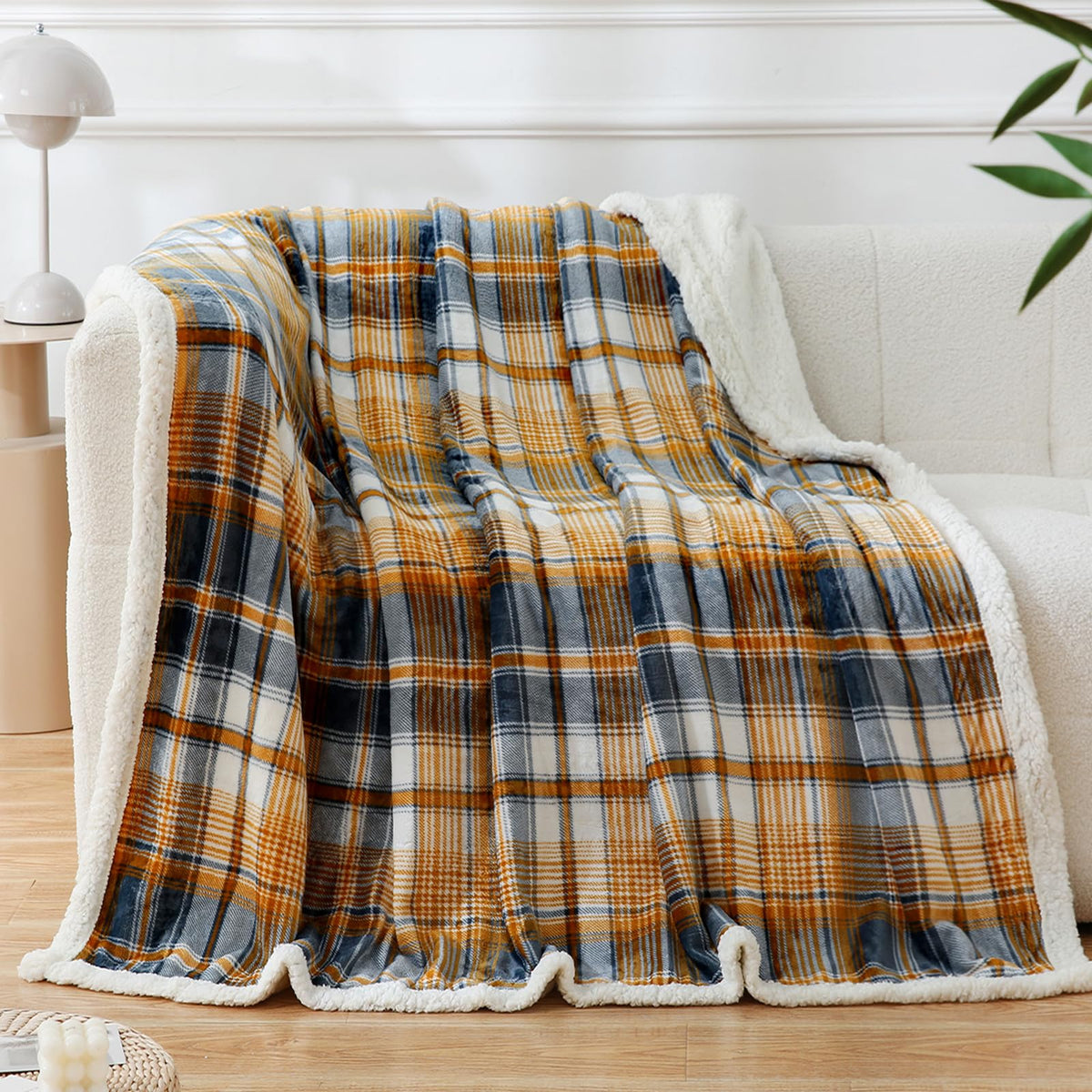 PU MEI Sherpa Blanket Queen Plaid Thick Bed Blanket, 80”*90” Super Soft Flannel Fuzzy Fleece Reversible Velvet Plush Warm Blanket for Couch (Blue White Check)