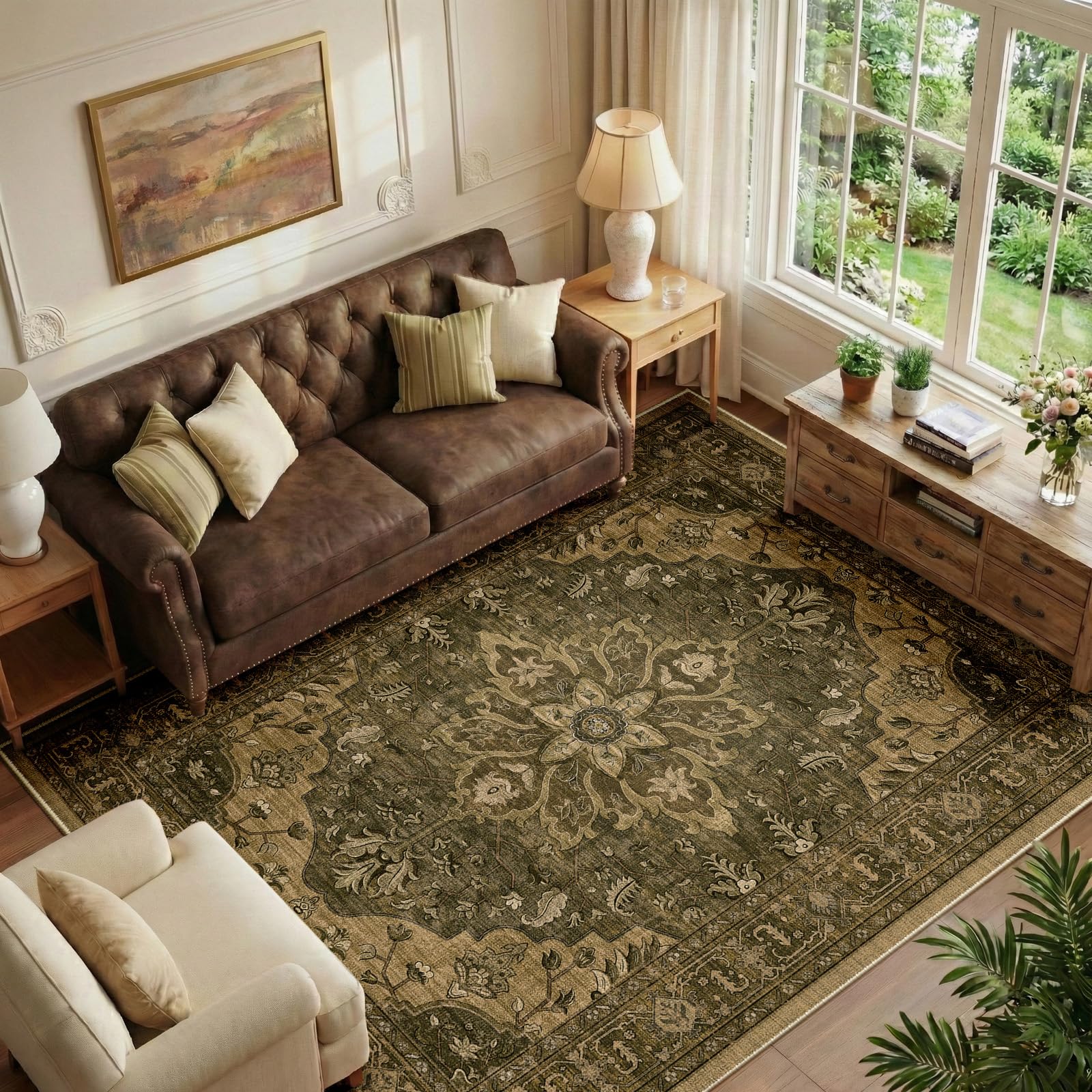 RELEANY Washable Area Rug, 5'x7', Brown/Dark Brown