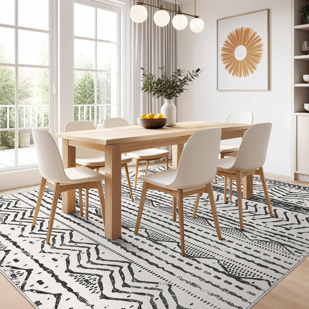 Nakagishi Area Rug Living Room Rugs: 6X9 Machine Washable Boho Large Neutral Farmhouse Stain Resistant Moroccan Indoor Floor Carpet for Bedroom Nursery Dorm Dining Room Home-Ivory Black