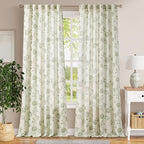 jinchan Linen Curtains Floral Curtains 96 Inch Length for Living Room Bedroom Light Filtering Rod Pocket Back Tab Farmhouse Curtains Flax Linen Texture Window Drapes Set 2 Panels Green on Linen