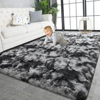 TWINNIS Super Soft Shaggy Rugs Fluffy Carpets 8x10 Feet, Indoor Modern Plush Area Rugs for Living Room Bedroom Kids Room Nursery Home Decor, Upgrade Anti-Skid Fuzzy Rug, Black and Grey