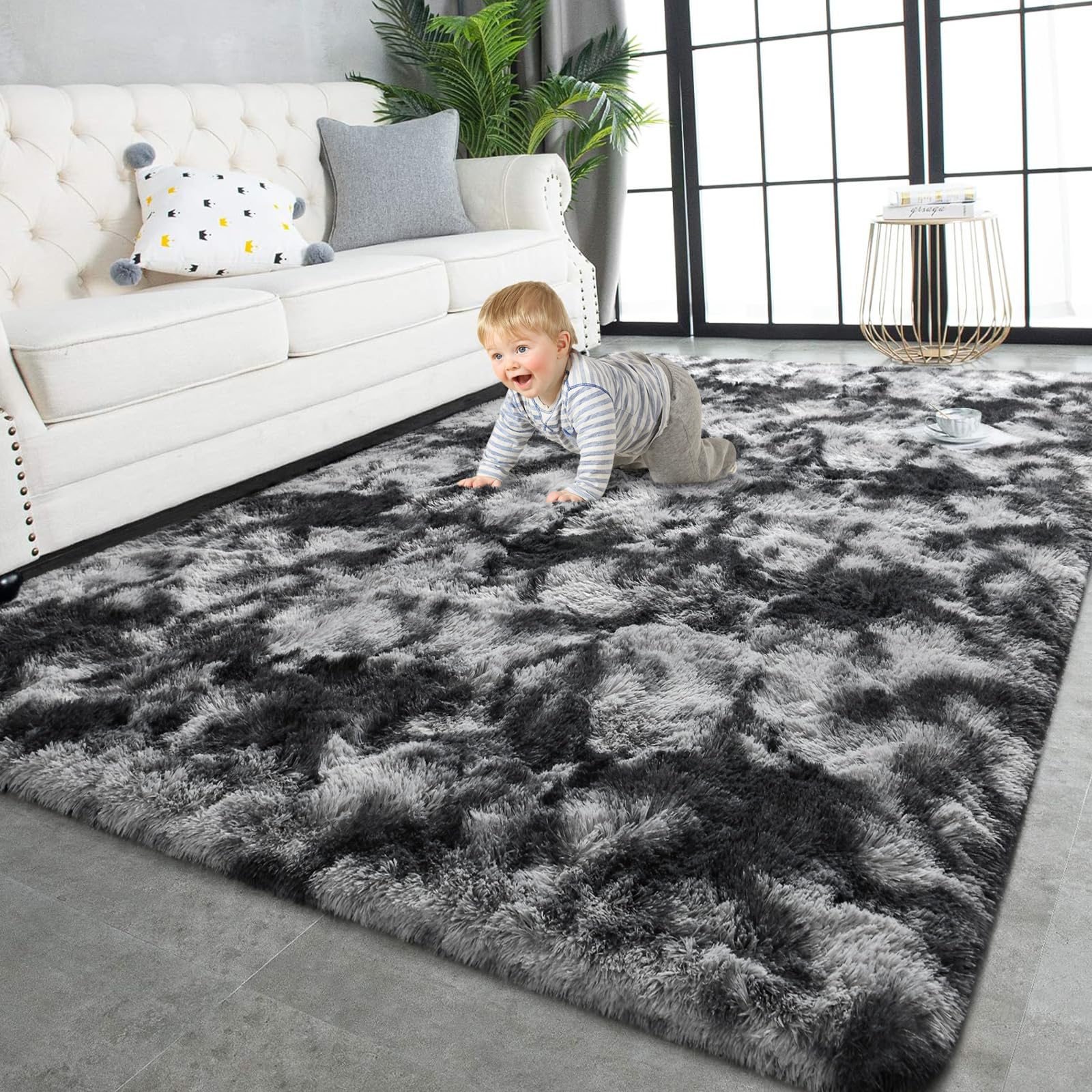 TWINNIS Super Soft Shaggy Rugs Fluffy Carpets 8x10 Feet, Indoor Modern Plush Area Rugs for Living Room Bedroom Kids Room Nursery Home Decor, Upgrade Anti-Skid Fuzzy Rug, Black and Grey