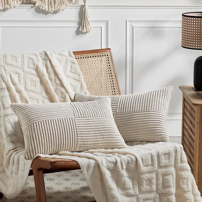 Fancy Homi 2 Packs Neutral Taupe Lumbar Decorative Throw Pillow Covers 14x22 Inch for Living Room Couch Bed Sofa, Farmhouse Home Decor, Soft Striped Corduroy Rectangle Accent Cushion Case 35x55 cm