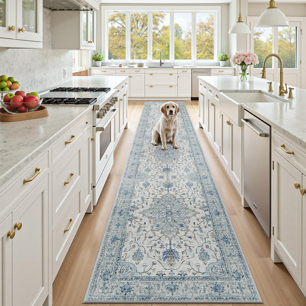 RELEANY Washable Area Rug, Runner 2'x10', Blue/White/Gray