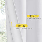 NICETOWN 100% Absolutely Blackout Linen Curtains with Thermal Insulated White Liner, White, 52 inches Wide, 84 inches Length Energy Saving Curtains for Living Room 2 Panels Set, Vertical Blinds