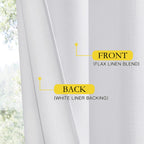NICETOWN 100% Absolutely Blackout Linen Curtains with Thermal Insulated White Liner, White, 52 inches Wide, 84 inches Length Energy Saving Curtains for Living Room 2 Panels Set, Vertical Blinds