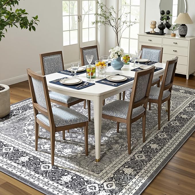 Lofus 6x9 Area Rugs for Living Room, Machine Washable Non-Slip Area Rug, Low Pile Large Rugs for Bedroom, Kitchen, Dining Room, Home Office, Vintage Oriental Print Rug, Light Grey with White