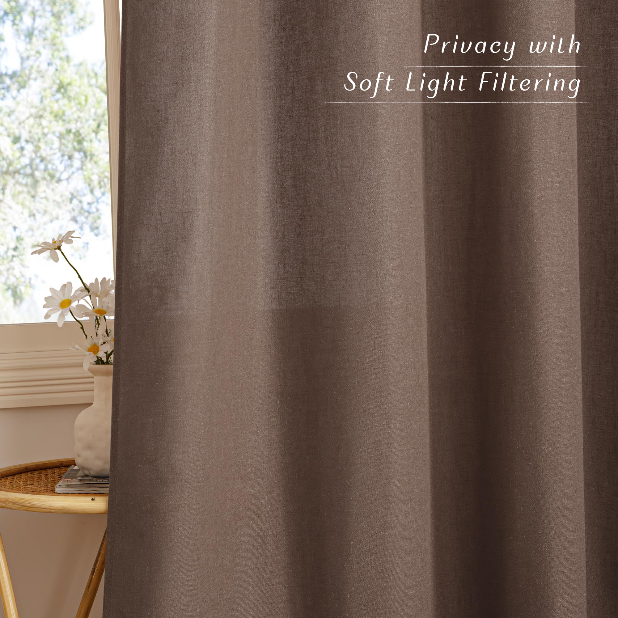 NICETOWN Linen Brown Curtains 84 inch Long, Grommet Privacy Added Thick Flax Window Treatments with Light Filtering Drapes for Bedroom/Farmhouse, W55 x L84, 2 Panels