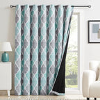 Beauoop 100% Blackout Curtains 96 Inches Long for Patio Sliding Door Aqua Grey Extra Wide Moroccan Geo Room Darkening Thermal Soundproof Room Divider Grommet Window Treatment Drapes,100x96 Set of 1
