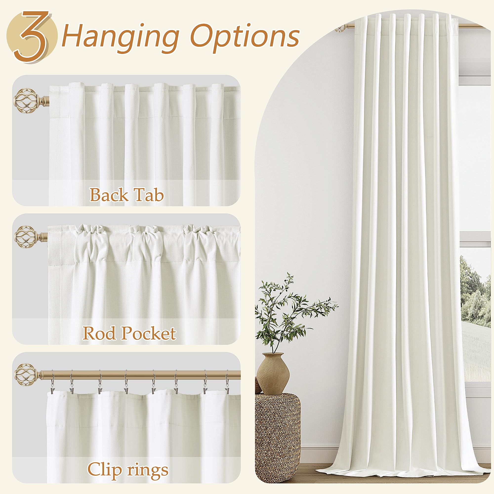 Guken Ivory 100% Blackout Curtains 132 Inch Length 2 Panels Set for Living Room Bedroom Back Tab Thermal Insulated Black Out Linen Drapes Room Darkening Window Curtains