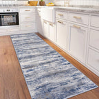 KOZYFLY 3x8 Ft Rug Modern Ombre Runner Rug for Hallway, Washable Kitchen Rugs Non-Slip Soft Striped Entryway Rug, Print Grey-Blue Abstract Carpet for Laundry Nursery