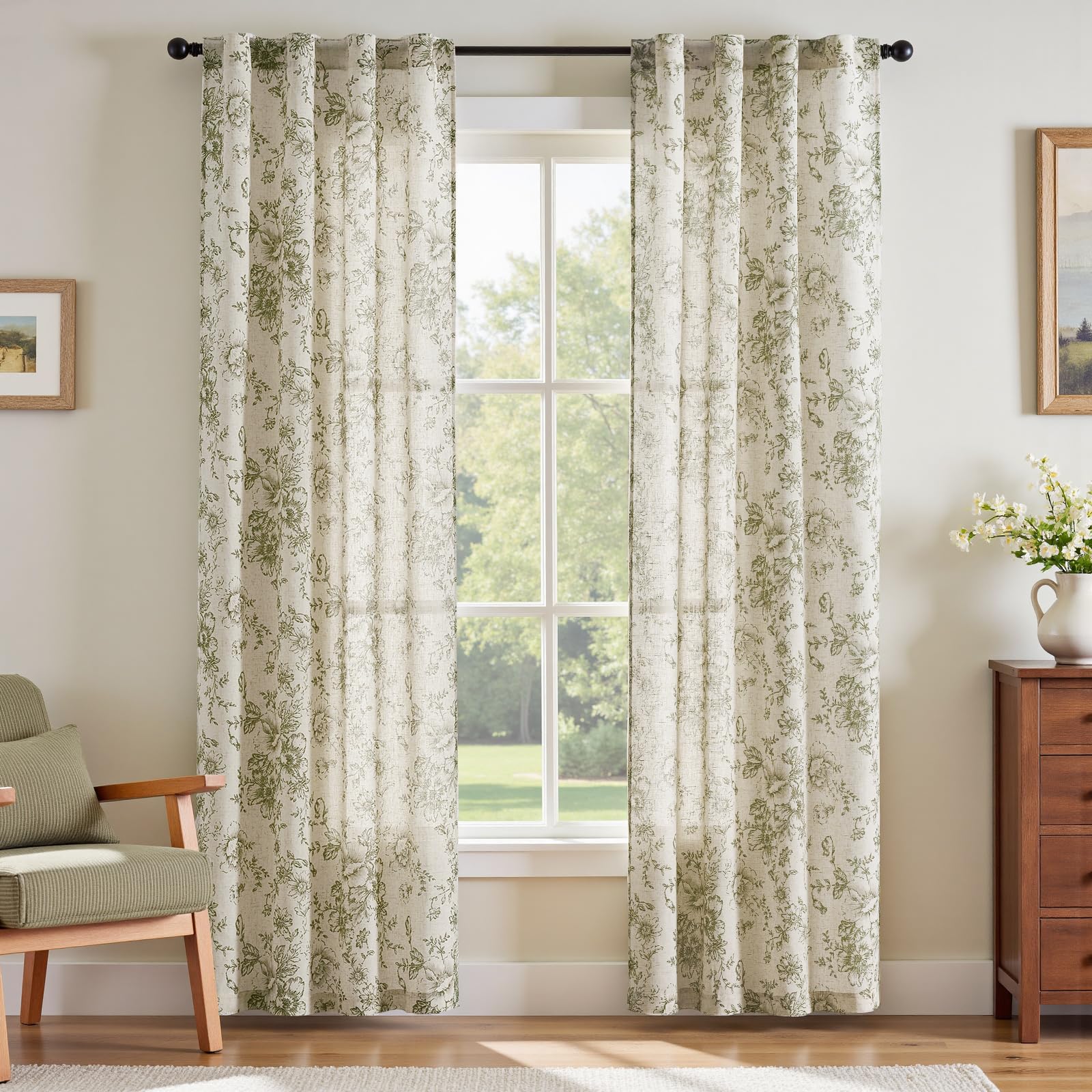 jinchan Vintage Floral Linen Curtains 84 Long for Living Room 2 Panels