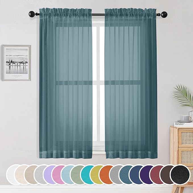 OWENIE Sheer Curtains, 63 inch Length Set of 2, Rod Pocket Light Weight Voile Curtains & Drapes for Bedroom & Living Room, Each 42Wx63L inch, Dusty Blue