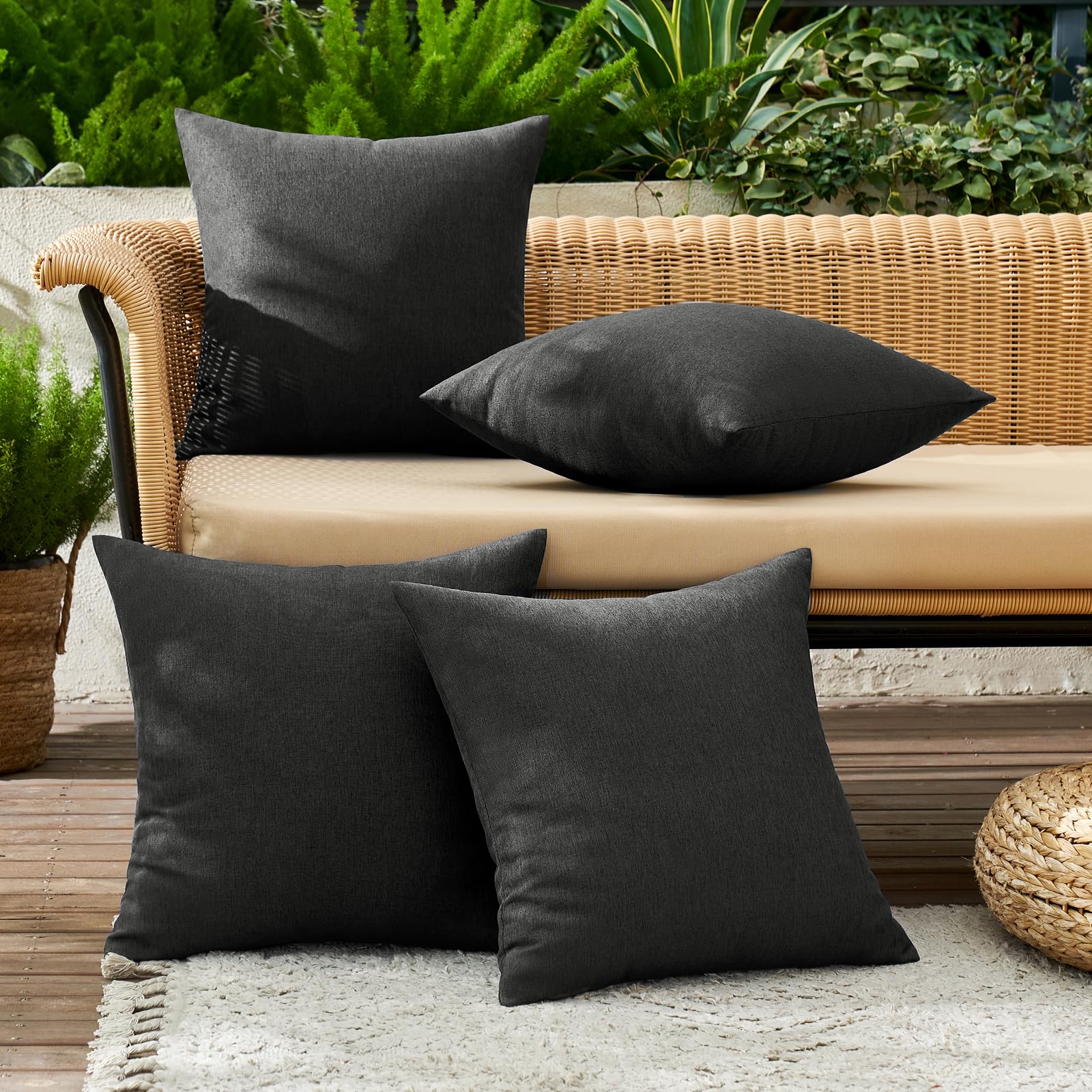 MIULEE Pack of 4 Decorative Outdoor Throw Pillow Covers Linen Waterproof Pillow Covers Summer Farmhouse Cushion Cases for Patio Garden Tent Balcony Couch Sofa 16x16 Inch Black