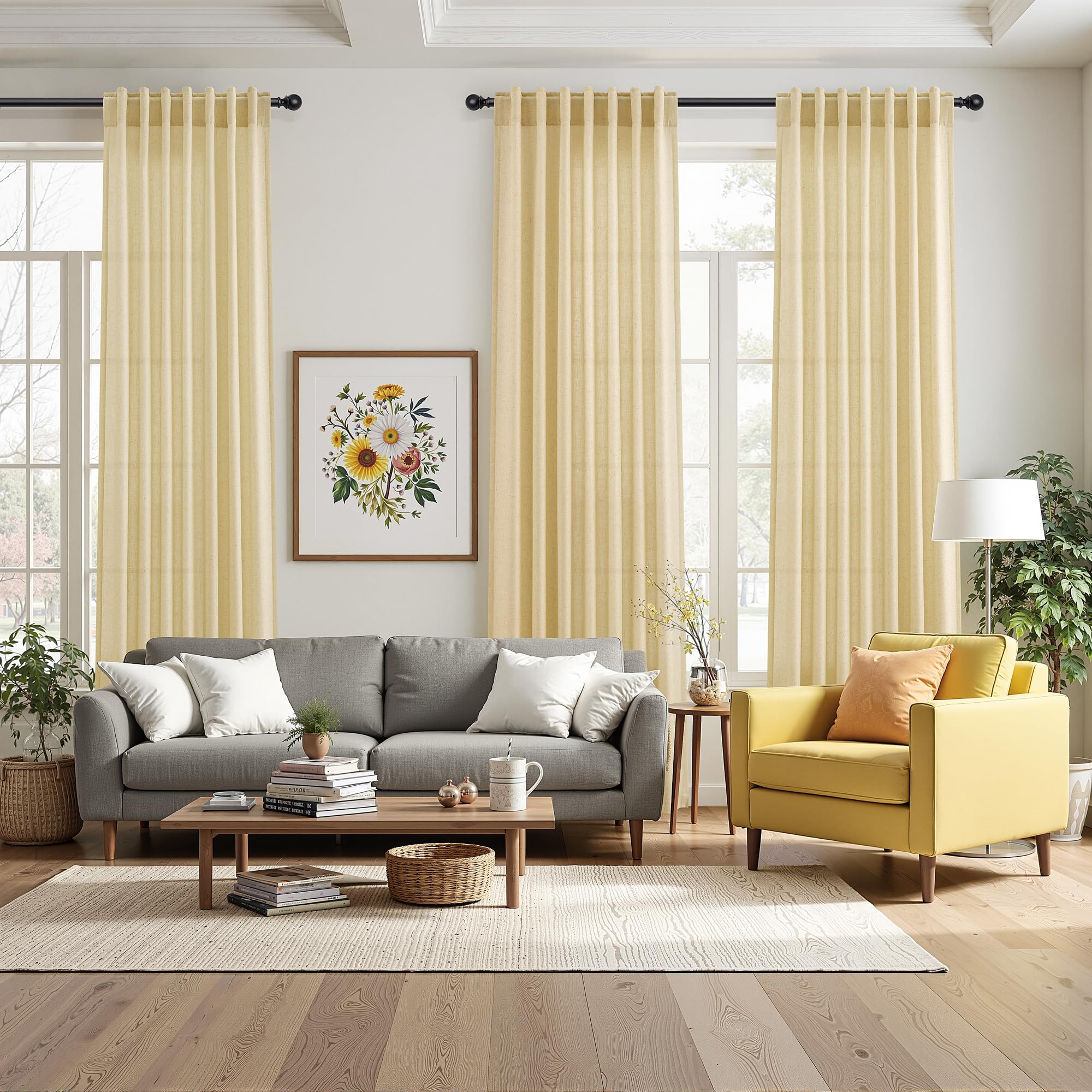 Nanspring Modern Farmhouse Curtains Linen for Living Room 84 Inches Long Cream Yellow Light Filtering Sheer Curtains Back Tab and Rod Pocket Privacy Curtain for Bedroom Office 52x84, 2 Panels