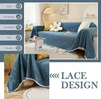 HANDONTIME Navy Blue Sectional Couch Covers, 3 Cushion Couch Chenille Cover with Lace Pattern for Dogs Kids, Fitted, Easy, 71" x 134"