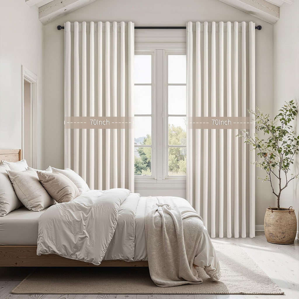 Extra Wide 70 Inch Length Blackout Curtains & Drapes 92 Inches Long 2 Panels Set for Sliding Glass Doors Modern Pleated Linen Blend Heavy Floor to Ceiling Large Window Drapes(70"Wx92"Lx 2 Birch)