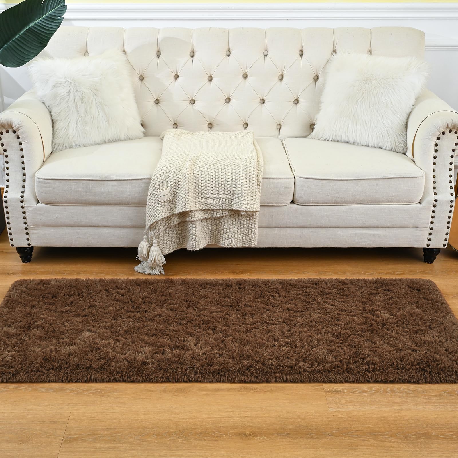 Goideal Fluffy Runner Rug for Bedroom Living Room, 2x6 Brown Bedside Rugs, Faux Fur Shag Modern Carpet Ultra Soft Girls Boys Room Home Decor, Solid