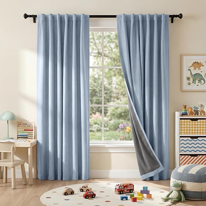 RYB HOME Smoky Blue 100% Blackout Curtains for Bedroom Office 84 Inch Long