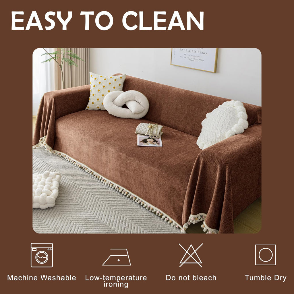 HANDONTIME Boho Style Sofa Cover with Tassels, Washable & Non-Slip Couch Cover for 3 Cushion Sofa, Herringbone Pattern Pet-Friendly Sofa Slipcover, Chocolate Color, 91"x134", Living Room Decor