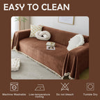 HANDONTIME Boho Style Sofa Cover with Tassels, Washable & Non-Slip Couch Cover for 3 Cushion Sofa, Herringbone Pattern Pet-Friendly Sofa Slipcover, Chocolate Color, 91"x134", Living Room Decor
