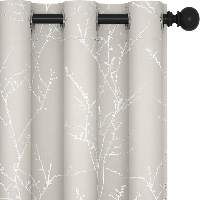 Deconovo Short Kitchen Curtains, Room Darkening Curtain Beige, Thermal Insulated Soundproof Drapes, Silver Branch Print, 42 x 54 Inch, Machine Washable Window Panels for Living Room Office, Set of 2