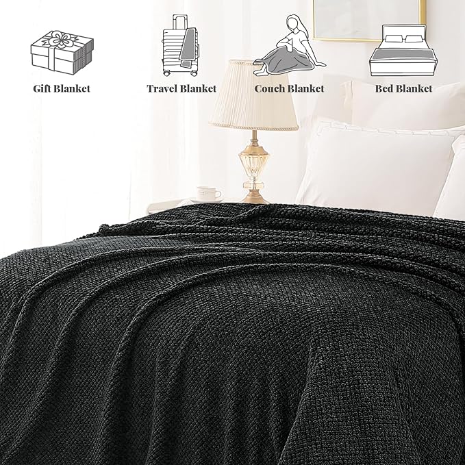 Whale Flotilla King Size Fuzzy Fleece Blanket for Bed, 90x104 Inch Fluffy Warm Soft Jacquard Blankets for All Season, Lightweight and Cozy, Black
