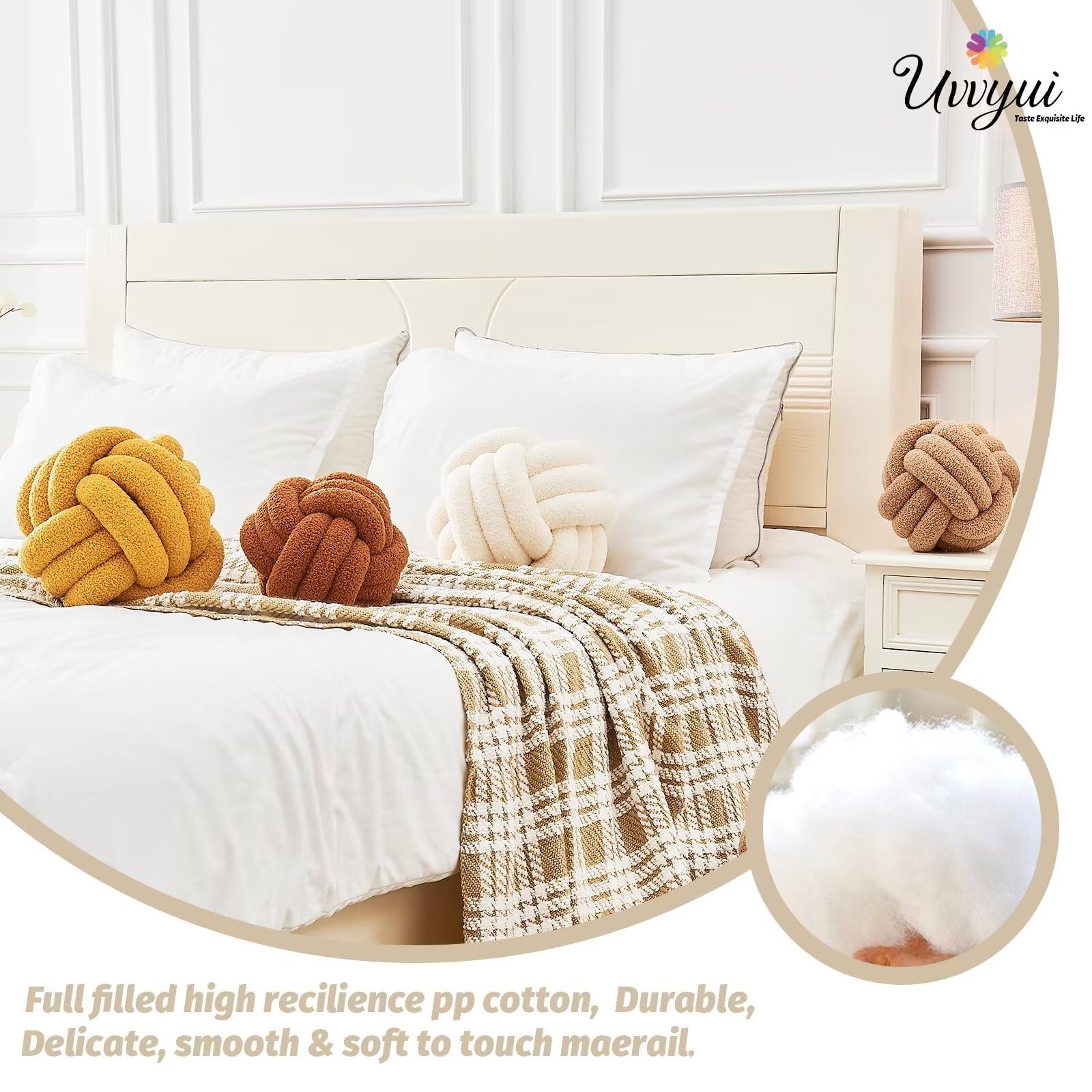Uvvyui Knot Pillow Ball, Soft Home Decorative Round Throw Pillow, Handmade Knotted Plush Pillow, Round Boucle Pillow Cushion (8.6 Inches Ivory)