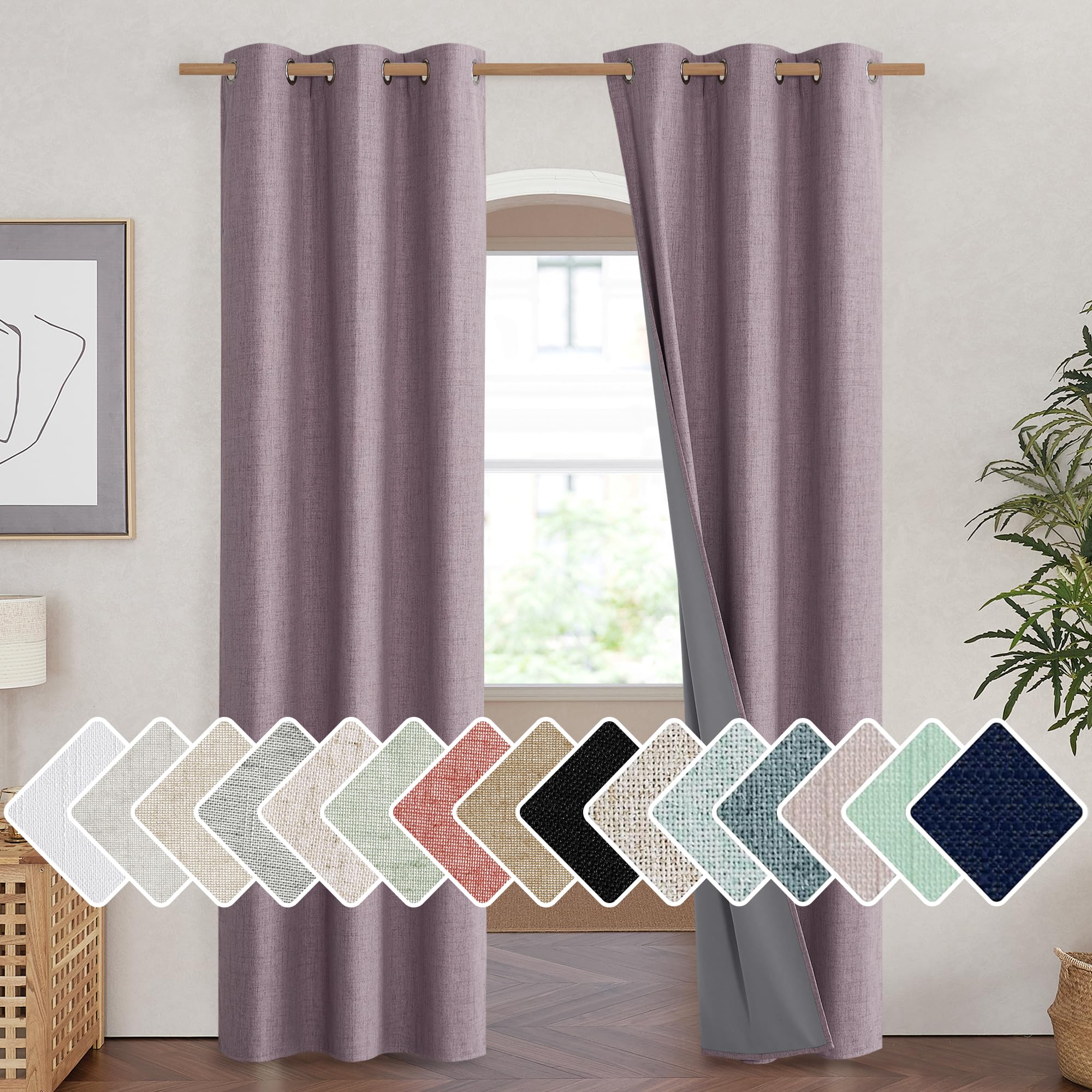 NICETOWN Chaise Mauve Vintage Linen 100% Blackout Curtains for Living Room, Thermal Insulated Curtains 84" Long, Noise Reducing Window Treatment Drapes for Hall Room, 42" Wide Per Panel, Set of 2
