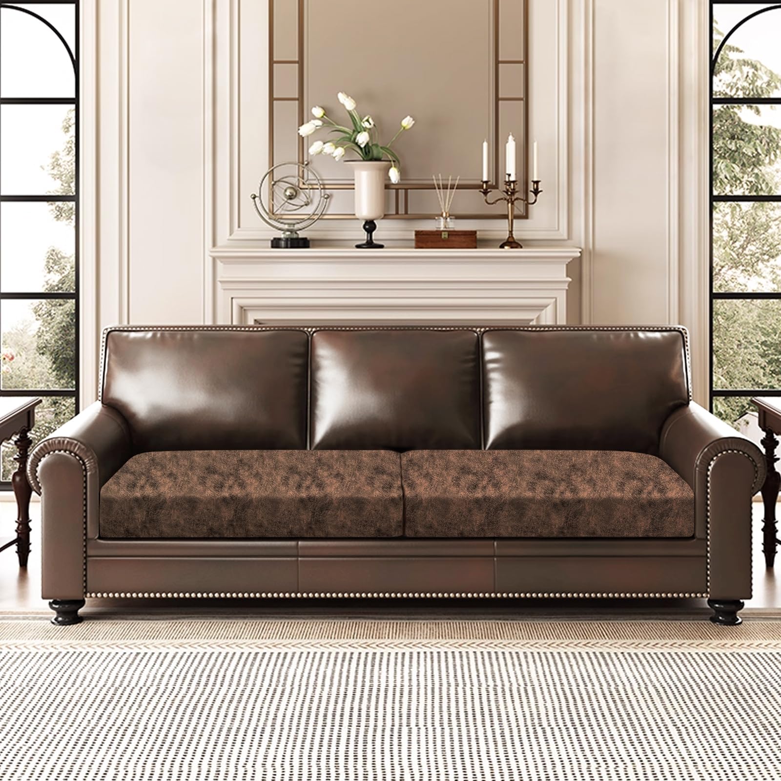 ANARACHON Leather Look Couch Cushion Covers Sofa Seat Slipcovers Sets Couches Furniture Protector for Sectional Armchair Loveseat Pets Kids Stretch Spandex Fabric (2 Cushion Sofa, Dark Brown)