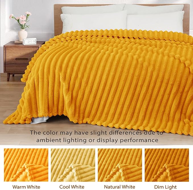 Exclusivo Mezcla Twin Size Flannel Fleece Blanket, Super Soft Striped Jacquard Bed Blanket, Lightweight Fuzzy Cozy for All Seasons, 60x80 Inches, Mustard Yellow
