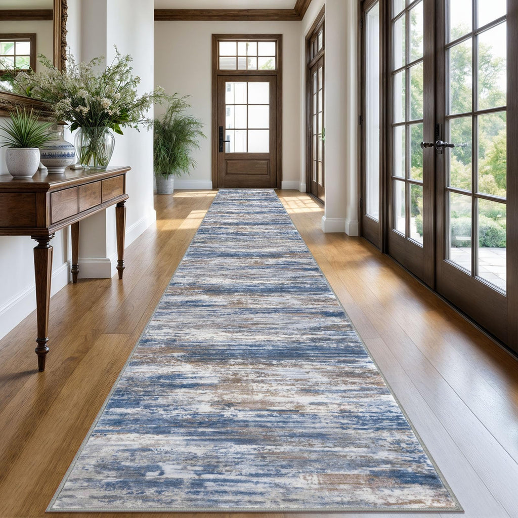 KOZYFLY Modern Abstract Washable Runner Rug 2.6x20 Hallway Runners Non-Slip Soft Kitchen Runner Rugs, Blue Rust 20 Foot Carpet Runner for Stair Entryway Bathroom Laundry Room Foyer