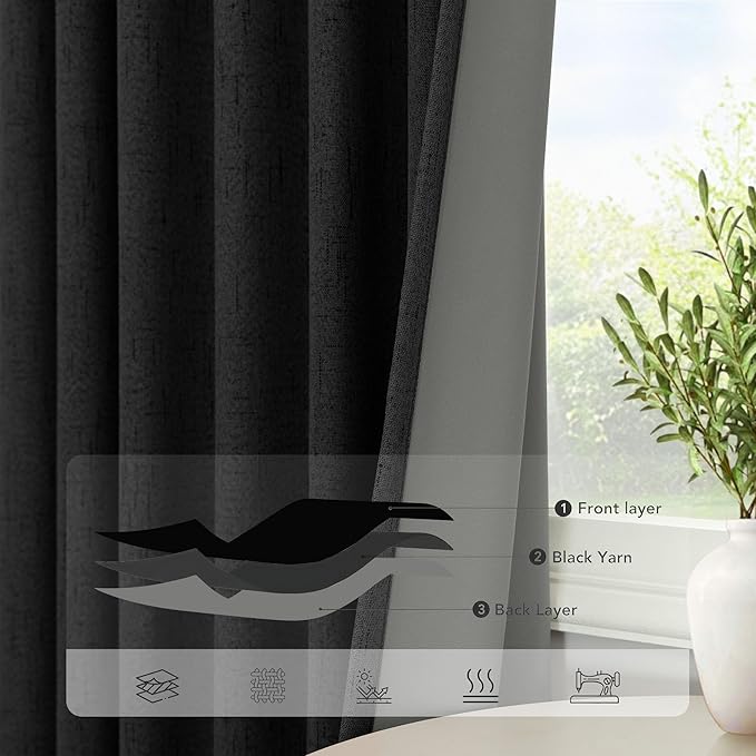 Nursery Blackout Curtains 63 Inch Length for Bedroom 2 Panels Back Tab Pocket Heavy Thick Linen Textured Room Darkening Sound Proof Insulated Thermal Dark Out Black Curtain for Winter 63 Inches Long