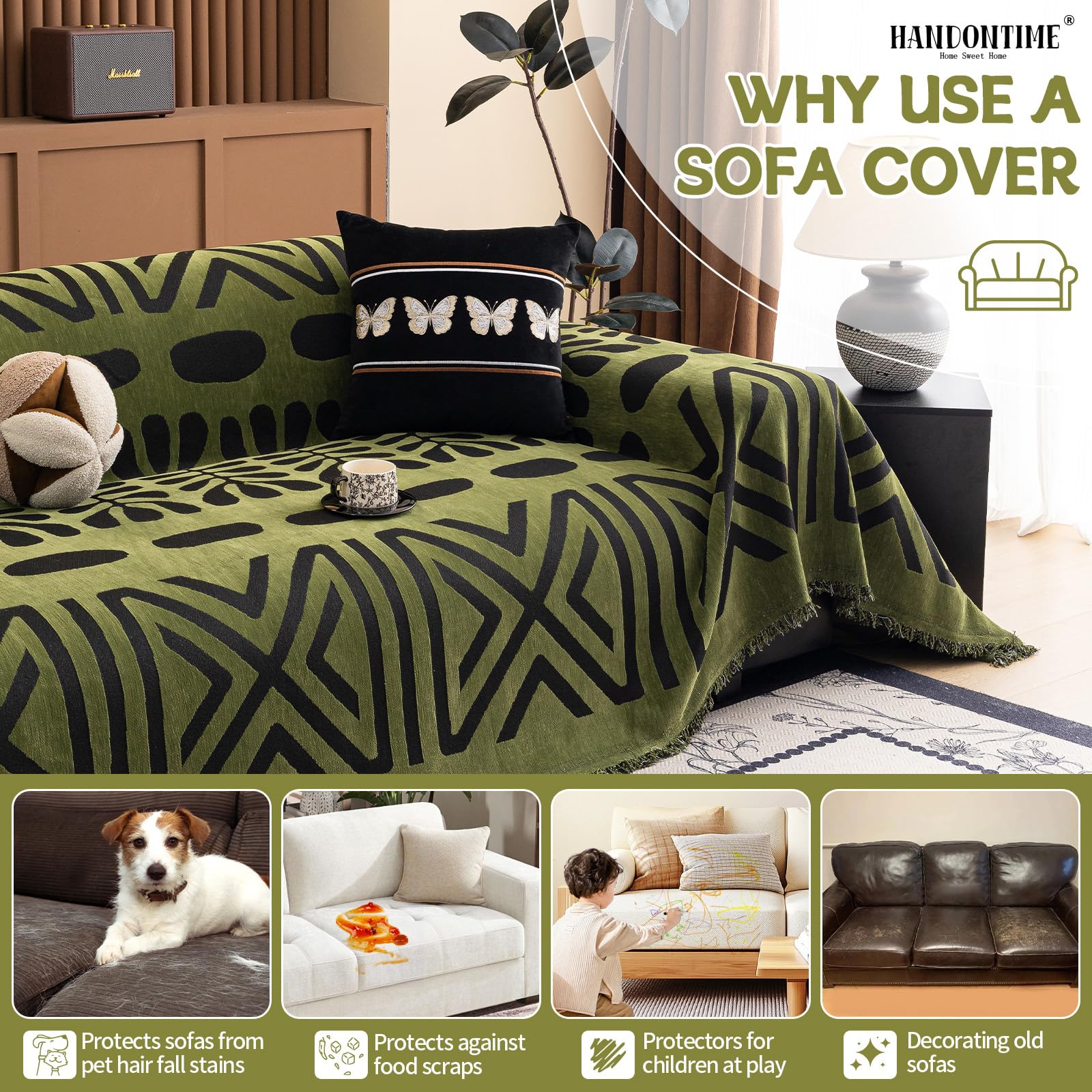 HANDONTIME Boho Couch Cover Geometric Striped Pet Covers for Couches and Sofas Olive Green and Black Dog Cover for Couch Pet Friendly Chenille Sectional Sofa Covers for Pets Washable, 71" X 150"