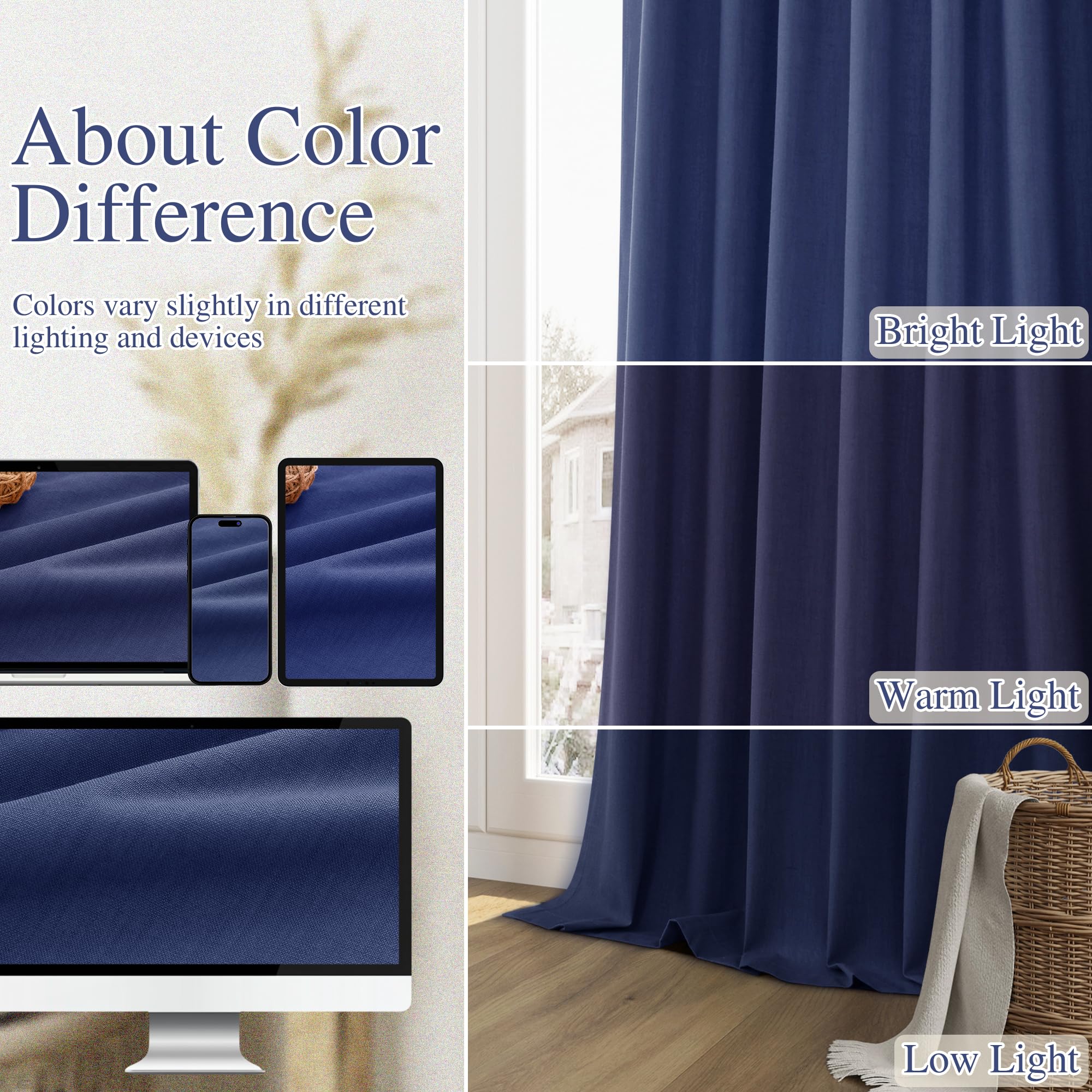 Guken 100% Blackout Curtains 120 Inch Length 2 Panels Set for Living Room Bedroom Back Tab Thermal Insulated Black Out Linen Drapes Room Darkening Window Curtains Classic Blue 52x120