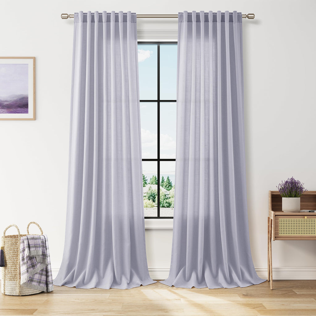 Nanspring Lavender Purple Linen Curtains 90 Inches Long for Living Room Boho Decor Light Filtering Semi Sheer Curtain Back Tab and Rod Pocket Modern Luxury Drapes for Bedroom Office 52x90, 2 Panels
