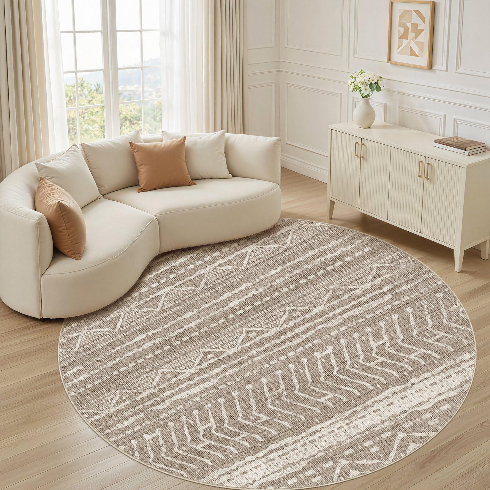 Nakagishi Area Rug Living Room Rugs: 4X4 Machine Washable Boho Large Neutral Farmhouse Stain Resistant Moroccan Indoor Floor Carpet for Bedroom Nursery Dorm Dining Room Home-Dark Brown