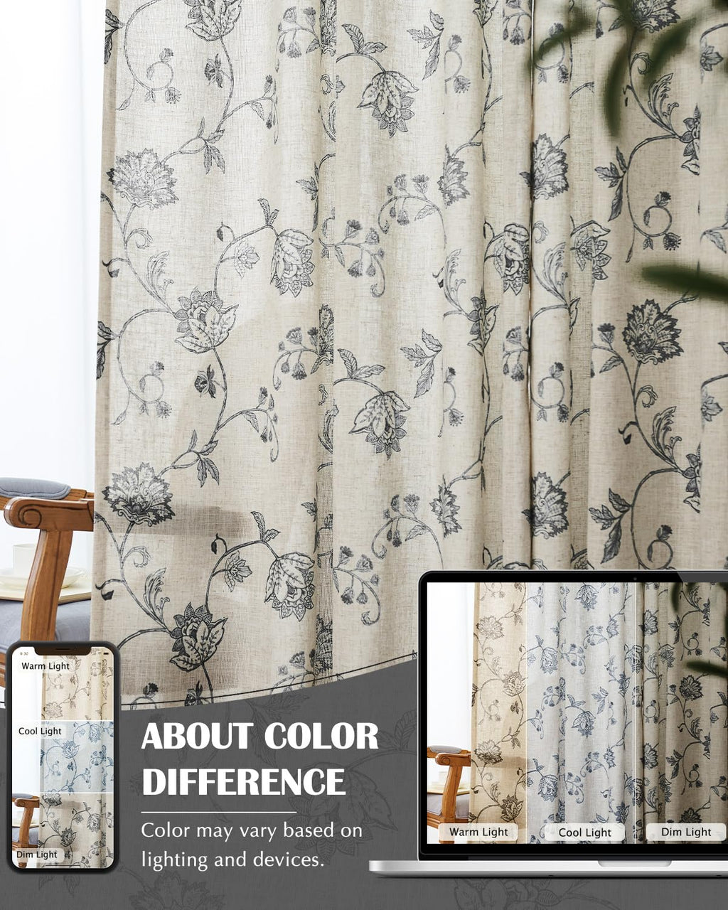 Jinchan Linen Floral Curtains 63 Inch Length for Living Room & Bedroom - Light Filtering Rod Pocket Back Tab Jacobean Curtains Flax Linen Texture Window Drapes Set 2 Panels Black on Linen