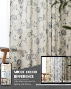 Jinchan Linen Floral Curtains 63 Inch Length for Living Room & Bedroom - Light Filtering Rod Pocket Back Tab Jacobean Curtains Flax Linen Texture Window Drapes Set 2 Panels Black on Linen