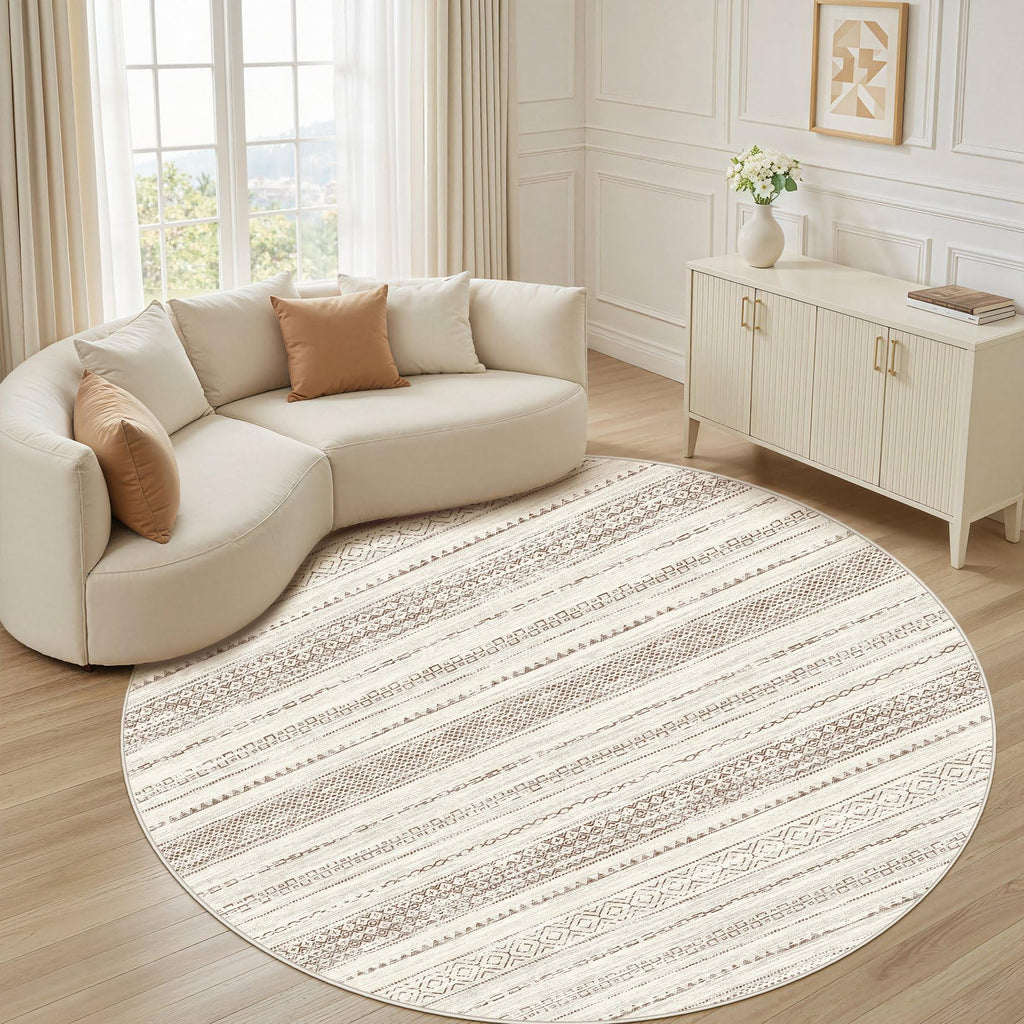 Nakagishi Round Rug Boho Area Rugs: 6x6 Washable Large Circle Neutral Soft Stain Resistant Non-Slip Carpet for Women Aged 25-45 Farmhouse Decor Enthusiasts - Living Room Bedroom Dining Room Nursery
