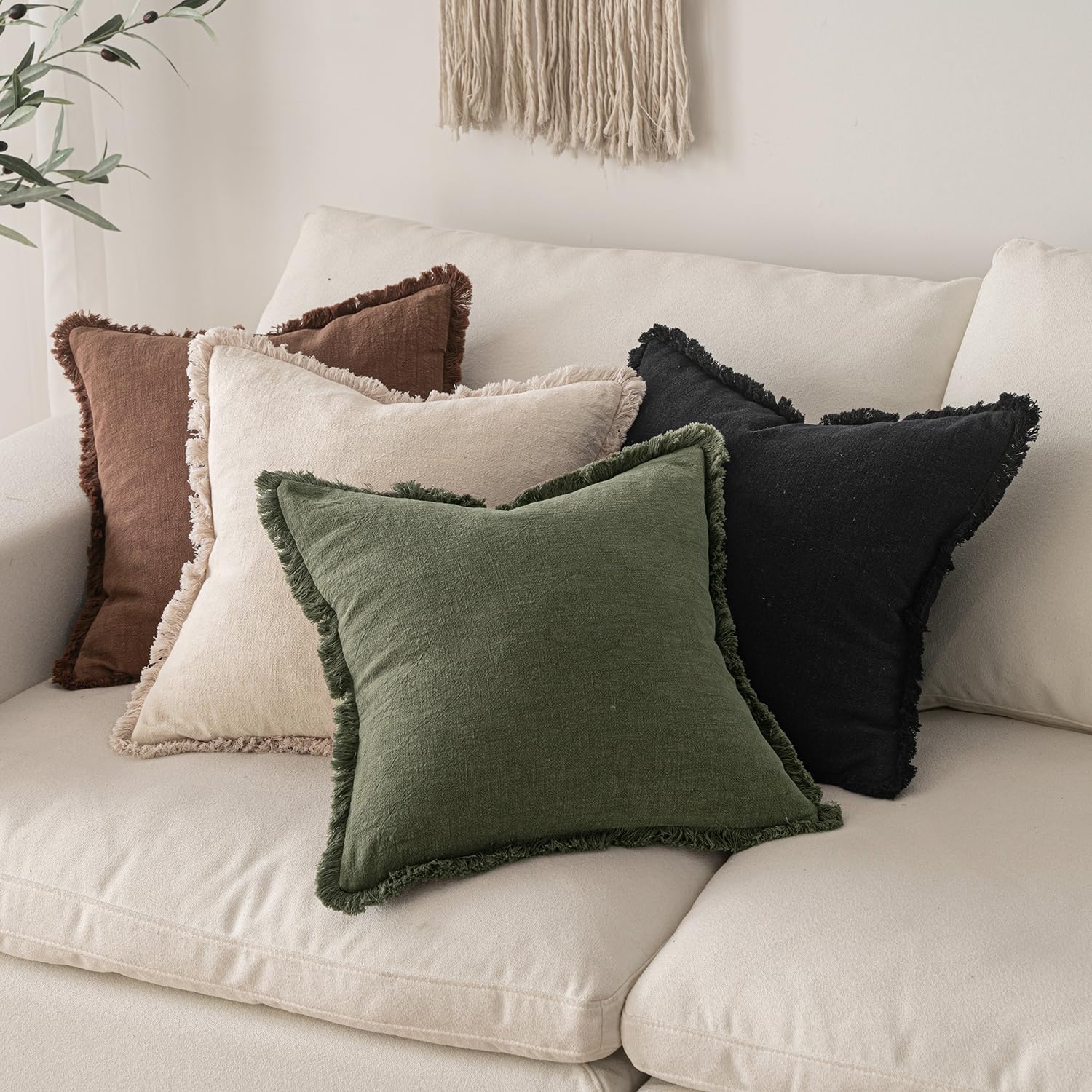 MIULEE Boho Linen Fringe Decorative Throw Pillow Covers Black 18x18
