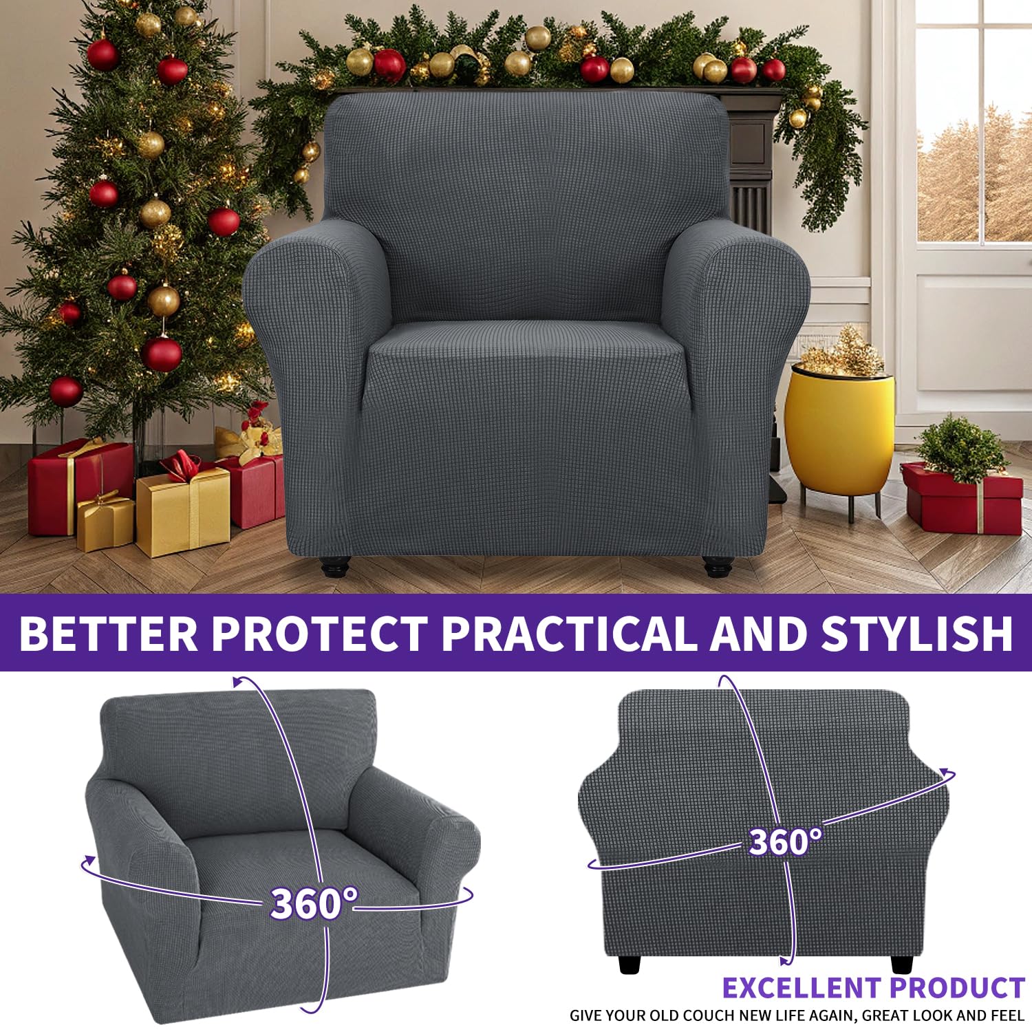 ZNSAYOTX Super Stretch Chair Slipcover Universal Sofa Chair Covers for Living Room Dogs Pet Furniture Protector Spandex Armchair Slipcovers with Anti Slip Foam Sticks (Dark Grey, Chair)