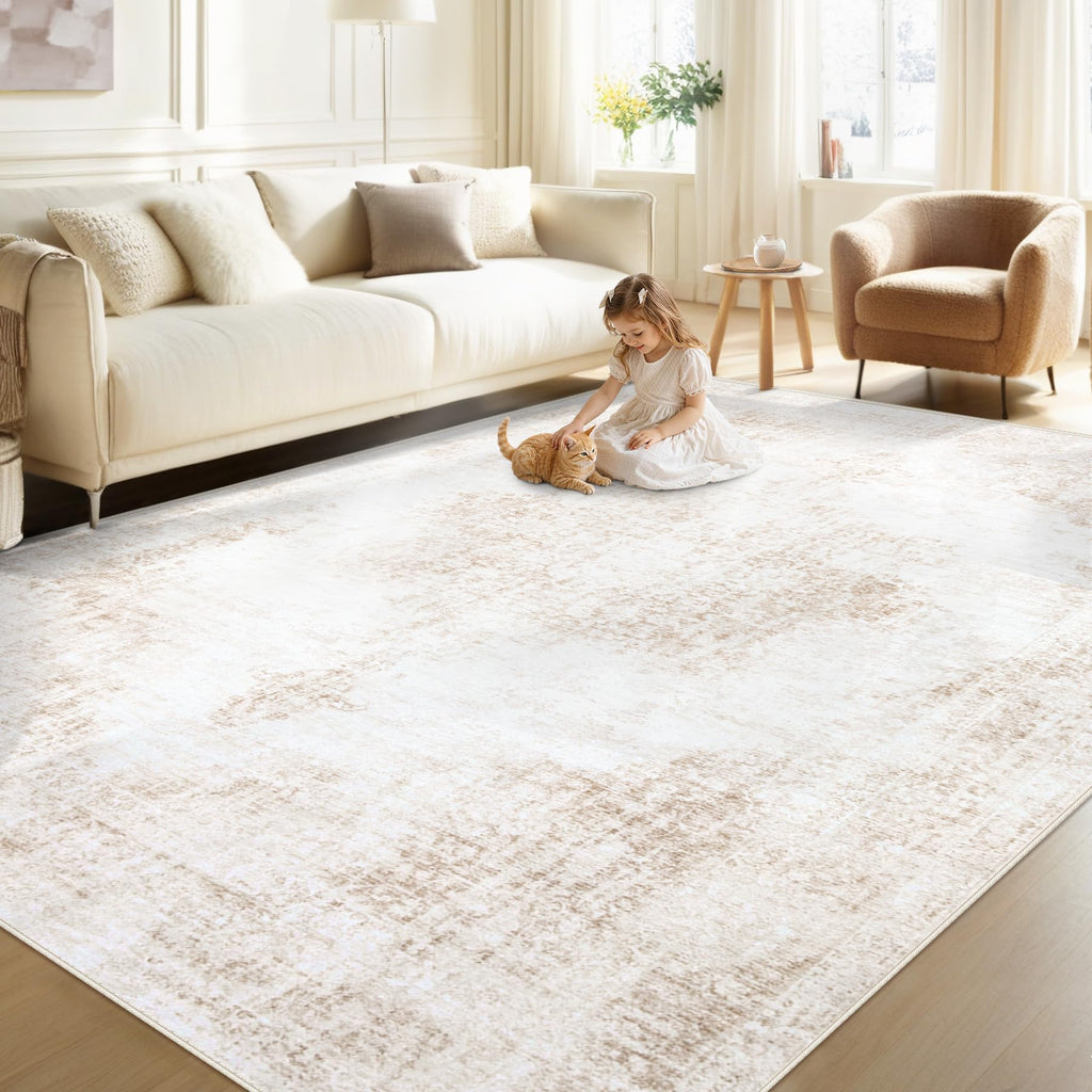 Area Rug 6x9 Vintage Rug: Washable Living Room Rugs Retro Medallion Distressed Large Rugs Soft Low Pile Non-Slip Indoor Floor Carpet for Bedroom Kitchen Nursery Dining Table Office (Beige, 6'x9')