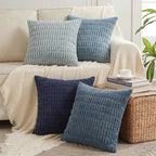 Fancy Homi Set of 4 Blue Decorative Throw Pillow Covers 20x20 Inch for Couch Bed Chair, Modern Farmhouse Boho Room Decor, Soft Fuzzy Corduroy Textured Striped Coastal Blue Cushion Case 50cm