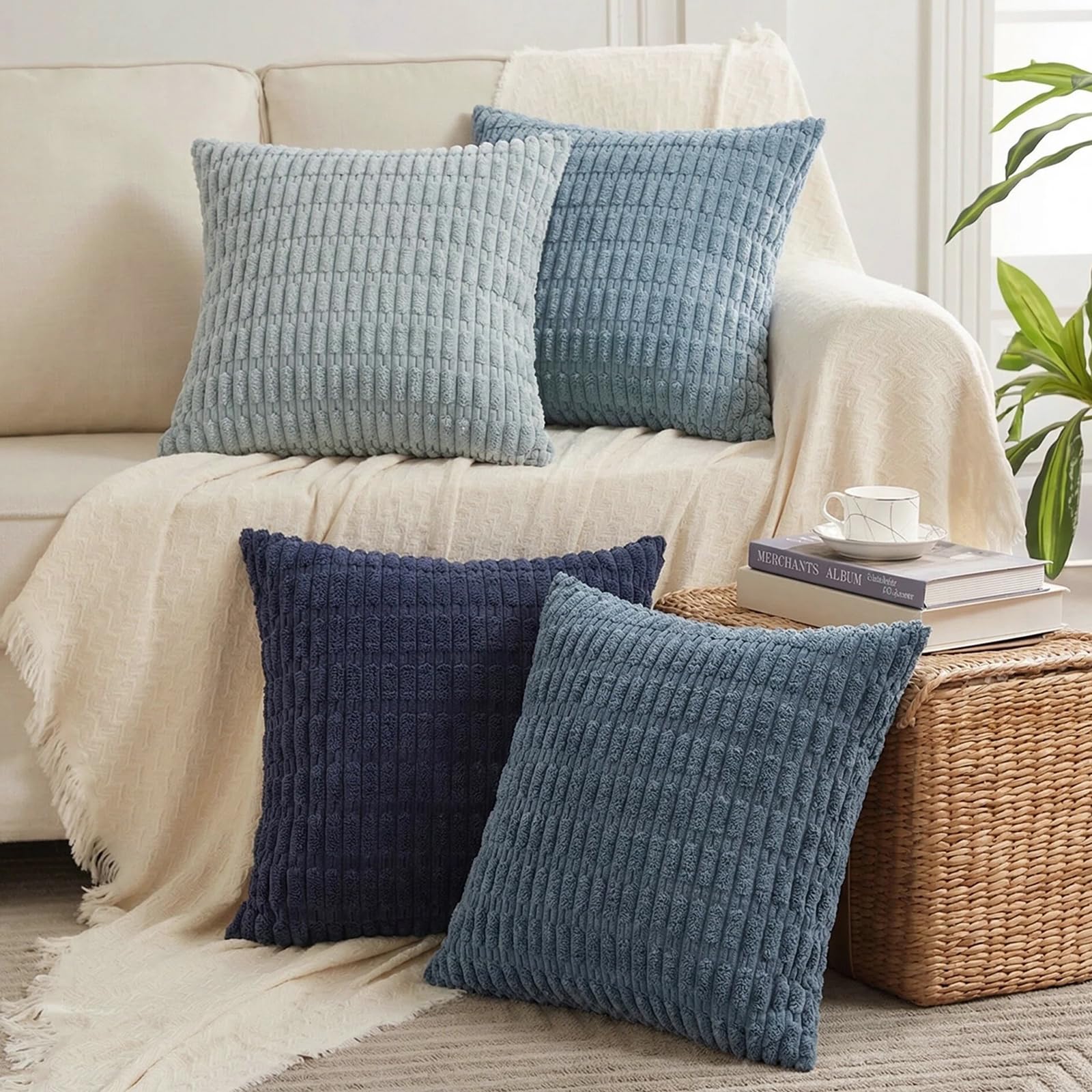 Fancy Homi 4 Packs Decorative Throw Pillow Covers for Living Room Couch Bed, Modern Farmhouse Boho Home Décor Accent Cushion Case, 24" x 24", Blue Series
