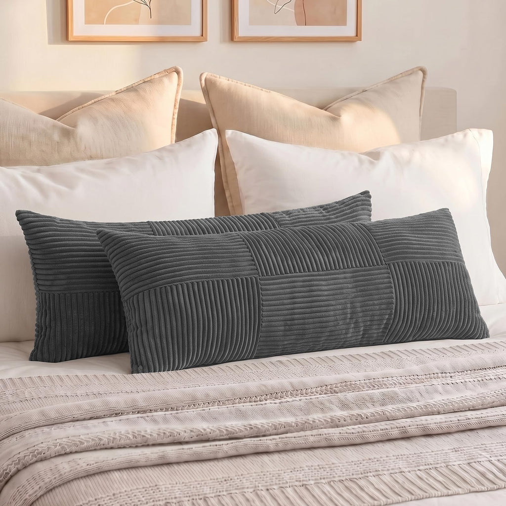 Fancy Homi Set of 2 Burnt Orange Boho Long Lumbar Body Decorative Throw Pillow Cover 14x36 Inch for Bed Couch Bedroom Bench, Soft Patchwork Corduroy Textured Pillow Case, Rustic Farmhouse Room Décor