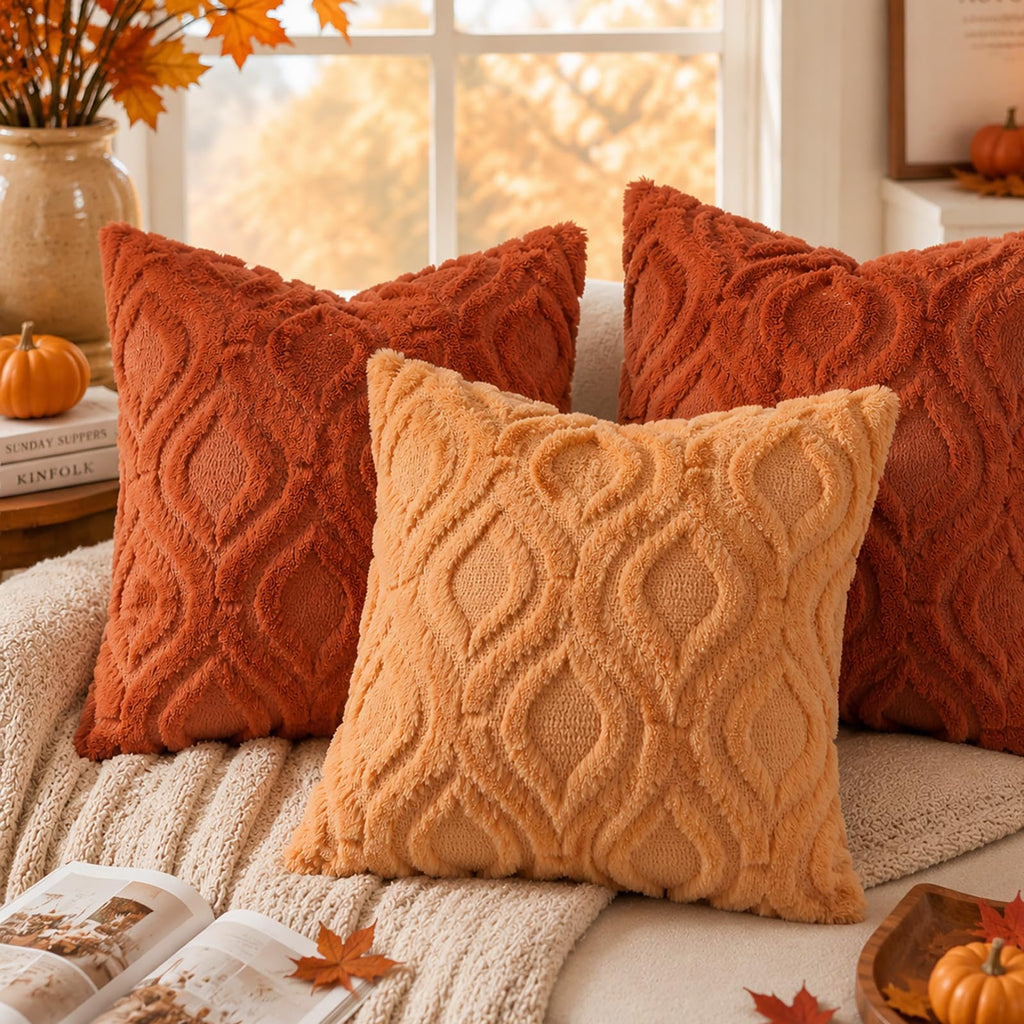 decorUhome Faux Fur Plush Soft Rust Throw Pillow Covers 16x16 Set of 2