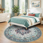 RELEANY Washable Area Rug, Round 8ft, Teal Green/White/Navy