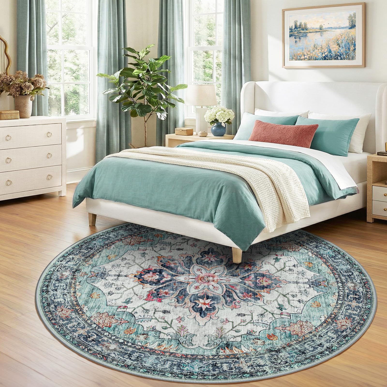RELEANY Washable Area Rug, Round 8ft, Teal Green/White/Navy