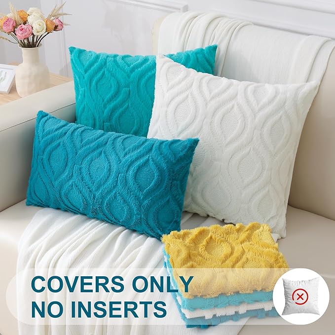 decorUhome Summer Throw Pillow Covers 18x18 Inch Set of 2, Soft Plush Faux Wool Teal Solid Couch Pillow Covers, Accent Farmhouse Neutral Square Pillow Cases for Sofa Bed Living Room